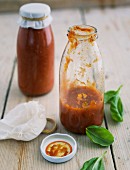 Tomato sauce in glass bottles