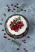 A winter cranberry cake with vanilla frosting and rosemary (seen from above)