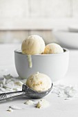 A bowl of coconut ice cream and an ice cream scoop with coconut shaving in between