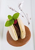 A macaroon with chocolate cream and raspberries