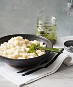 Vegan risotto bianco with rocket and almond pesto