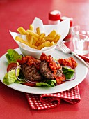 Mincemeat steaks with a pepper sauce and chips