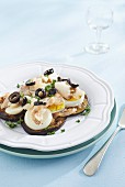 Monkfish with egg and aubergine