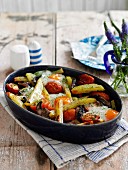Oeuf cocotte with mushrooms, tomatoes and potatoes