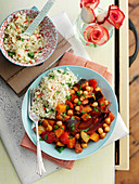 Vegetable ragout with aubergines and chickpeas served with couscous (Orient)