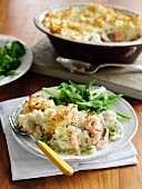Fish pie with seafood and mashed potato topping