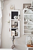 Narrow display case hung on pastel wall next to white decorative plates in plate rack