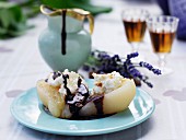 Poire belle Hélène with cream cheese cream and chocolate sauce