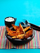 Fried sweet potato wedges with a dip