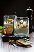 Avocado mousse with cauliflower and diced bacon