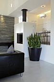 Black planter on floor next to fireplace, illuminated platform with glass balustrade and partially visible black leather couch in foreground