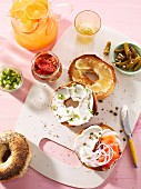 Bagels with cream cheese and toppings