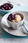 Rice pudding with cherries and cherry syrup