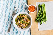 Lentil salad with asparagus and red onions