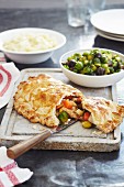 A puff pastry filled with turkey, root vegetables and Brussels sprouts