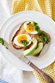 Toast topped with kale pesto, boiled egg and avocado