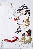 Various spices on a white surface