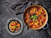 Lamb and pumpkin stew with rice pasta