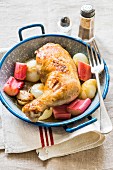 Chicken leg with rhubarb and spring onions