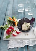 Feta cream in a cabbage leaf with vegetables