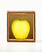 A Golden Delicious apple in a small box