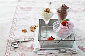 Walnut ice cream, chocolate ice cream and strawberry ice cream