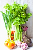 Celery, spring onions, garlic, tomatoes and avocado