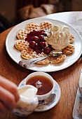 Waffles with cherry, hot and cream at Cafe Teetied on the island of Spiekeroog