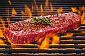 Tri Tip Steak mit Rosmarin und Gewürzen auf dem flammenden Grill