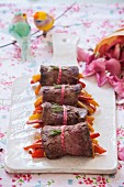 Beef roulade filled with peppers for Valentine's Day