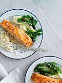 Salmon fillet with bok choy and rice noodles