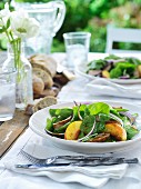Salat mit Chipotle-Schweinefleisch, jungem Spinat, Pfirsich und roten Zwiebeln