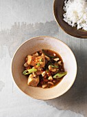 Fried natural tofu with a spicy soy sauce and cashew nuts (vegan)