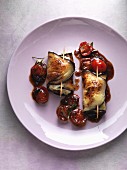 Aubergine rolls filled with ricotta on tomato chutney