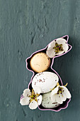 Sugar-coated chocolate eggs and pear blossom in bunny-shaped pastry cutter