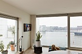 Corner of living room with panoramic view of harbour entrance, potted house plant on side table and dog lying on floor cushion