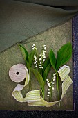 Lily-of-the-valley flowers and leaves and fabric ribbon lying on paper
