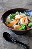 Rice noodle soup with king prawns