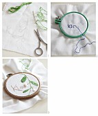 Embroidering white fabric clamped in an embroidery hoop