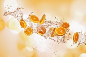 Fliegende Orangen mit Splash