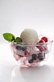A scoop of lemon sorbet on ice cubes with berries