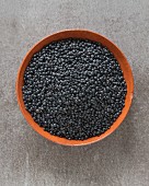 Organic black Beluga lentils in a terracotta dish (seen from above)