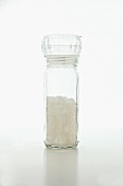 A Plexiglass salt shaker on a white surface