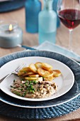 Beef ragout with wild mushrooms and fried potatoes