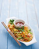 Fried rice with vegetables, prawns and chilli sauce