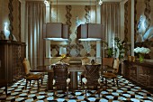 Antique chairs around table below pendant lamps in elegant interior; geometric tiled floor
