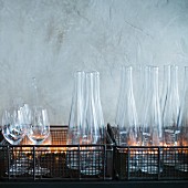Carafes and wine glasses ready to be filled, restaurant 'Septime', Paris