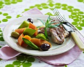 Lamb with carrots, leeks and olives