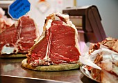 Fresh beef on display in butcher's shop