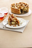 Apple cake with a lattice top, sliced